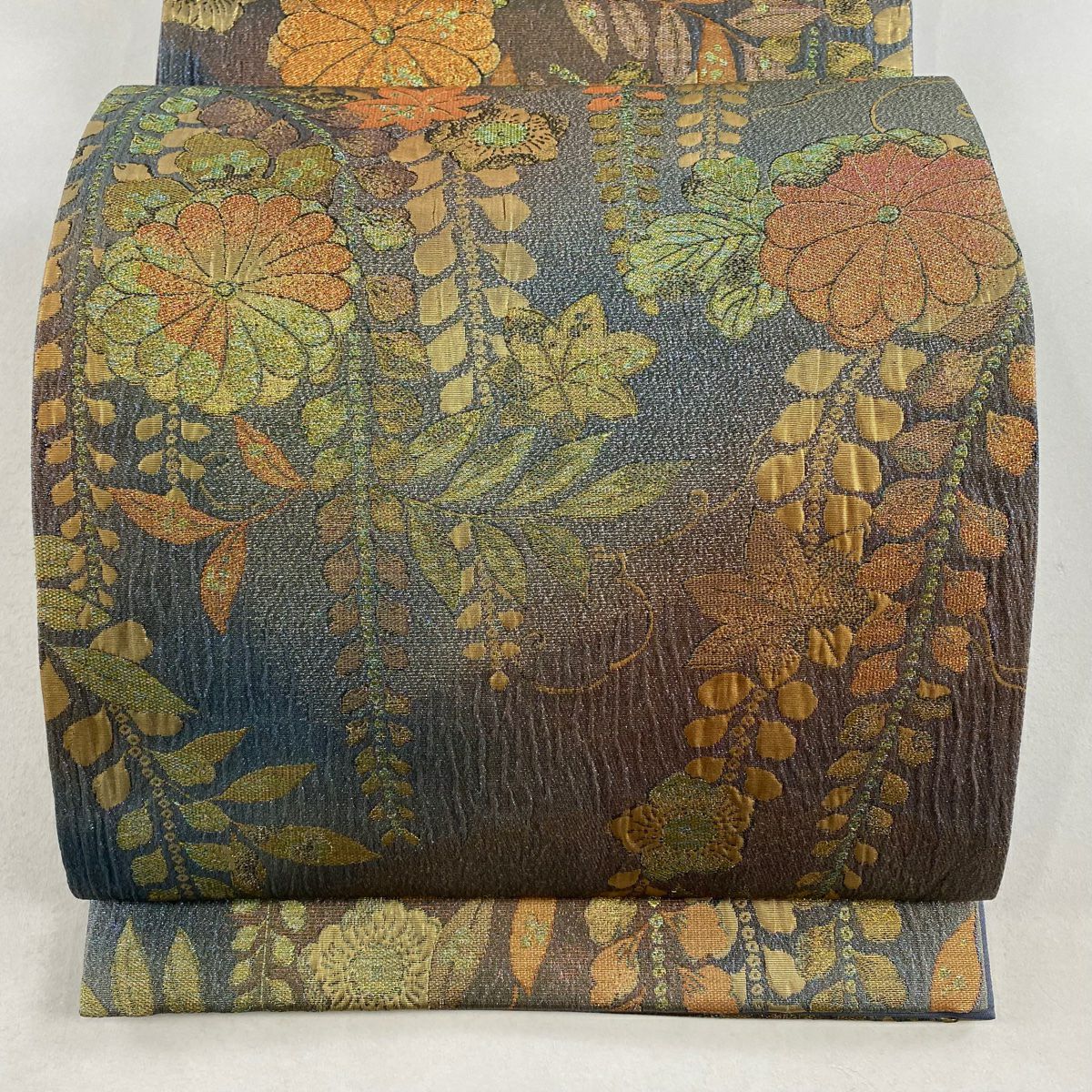 袋帯 美品 逸品 佐波理 落款あり 佐波理綴 草花 ラメ箔 緑 六通