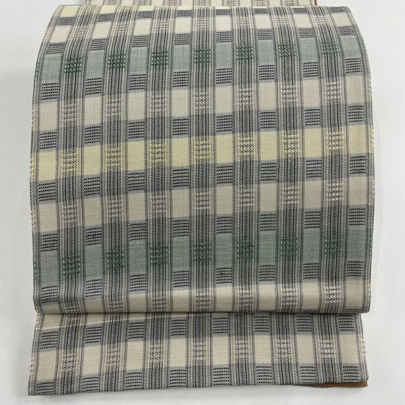 袋帯 美品 名品 格子 クリーム お太鼓柄 正絹｜中古・古着