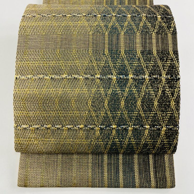 袋帯 美品 名品 縞 斜め格子 金糸 金茶 お太鼓柄 正絹｜中古