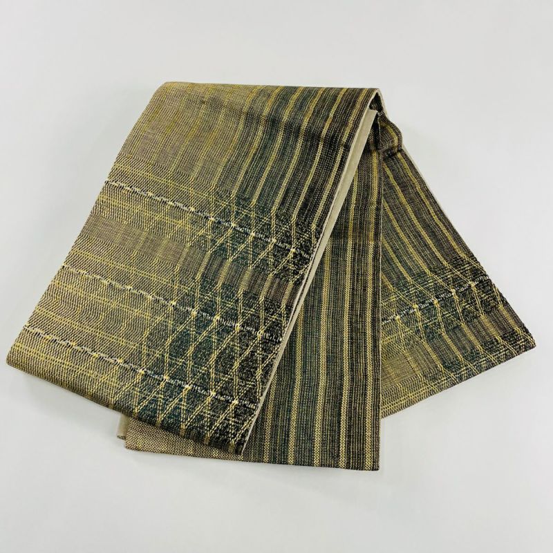 袋帯 美品 名品 縞 斜め格子 金糸 金茶 お太鼓柄 正絹｜中古