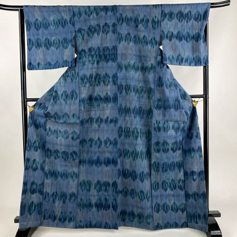 紬 身丈167cm 裄丈66.5cm M 袷 幾何学模様 青灰色 正絹 美品 秀