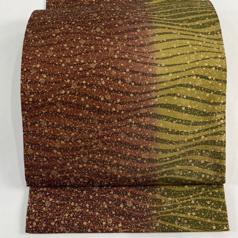 袋帯 美品 逸品 落款あり 牛首紬地 よろけ縞 箔散らし 金彩
