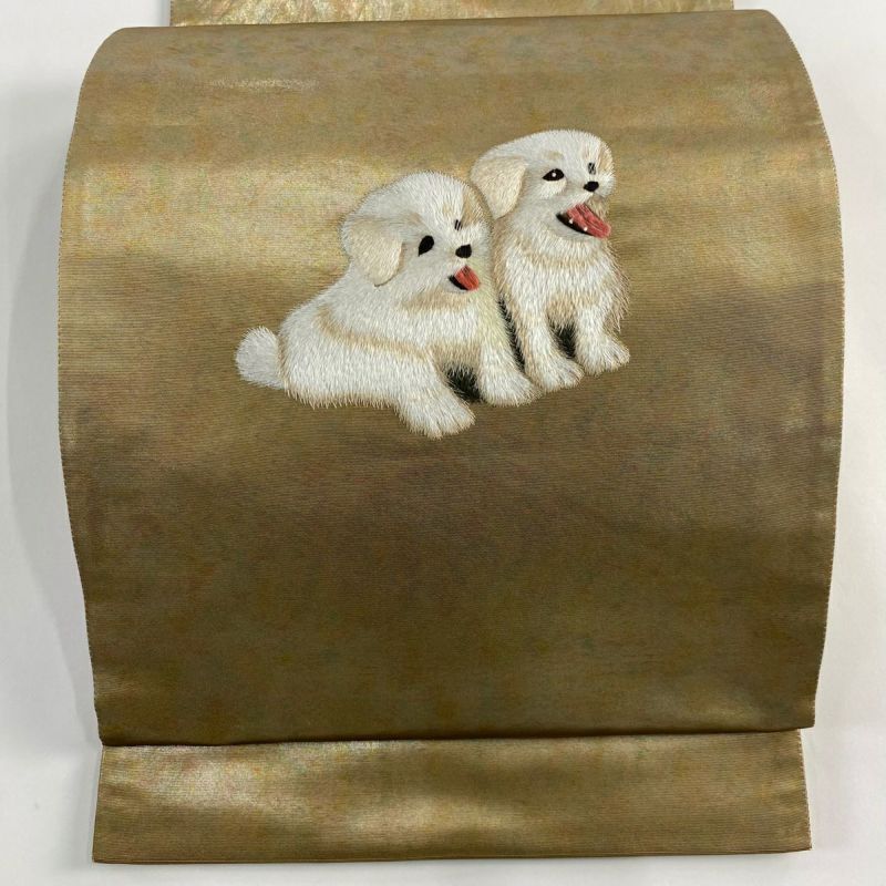 袋帯 逸品 犬 箔 灰茶 お太鼓柄 正絹｜中古・古着・リサイクル