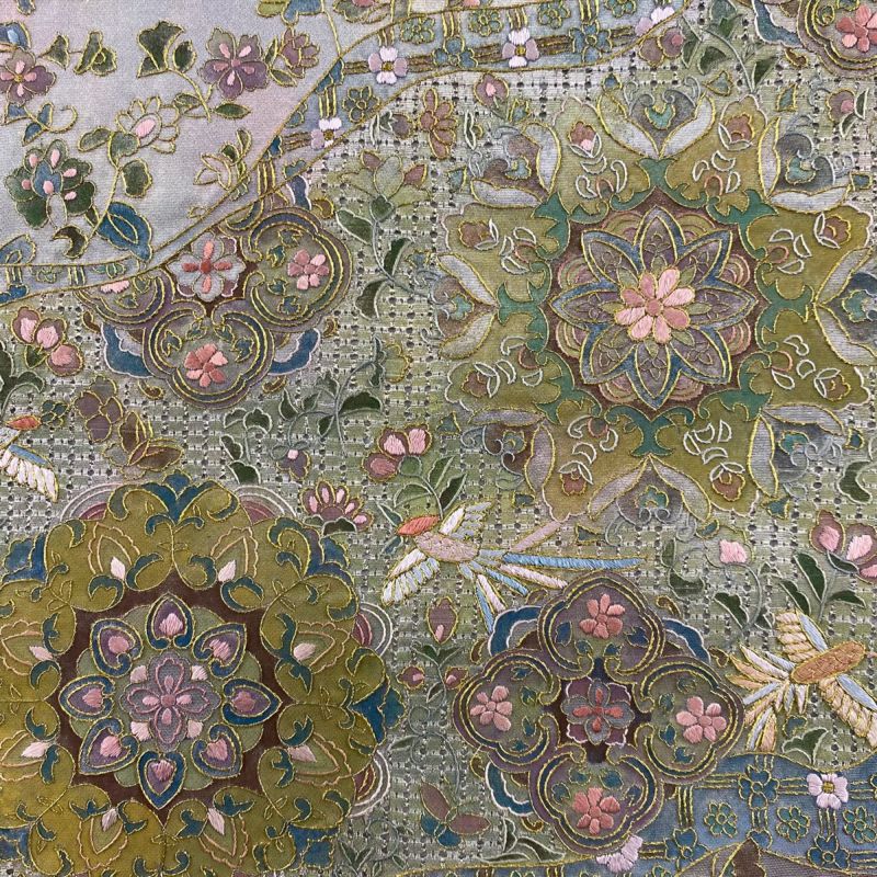 s*引様 美品　綴れ　袋帯　花食鳥　花柄 袋帯 美品 秀品 華文 花鳥 箔 金糸 金色 六通 正絹 【中古