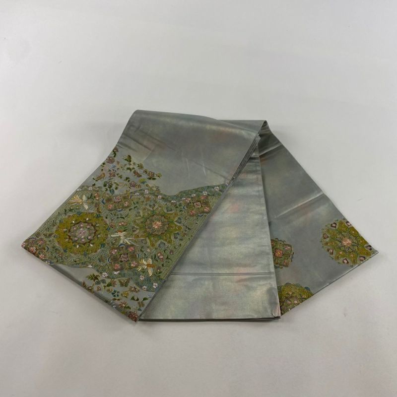 洒落袋帯 紬 正絹 素敵な花 大柄 お太鼓 T-7347 袋帯 逸品 紬地 幾何学模様 縞模様 金彩 灰紫 お太鼓柄 正絹