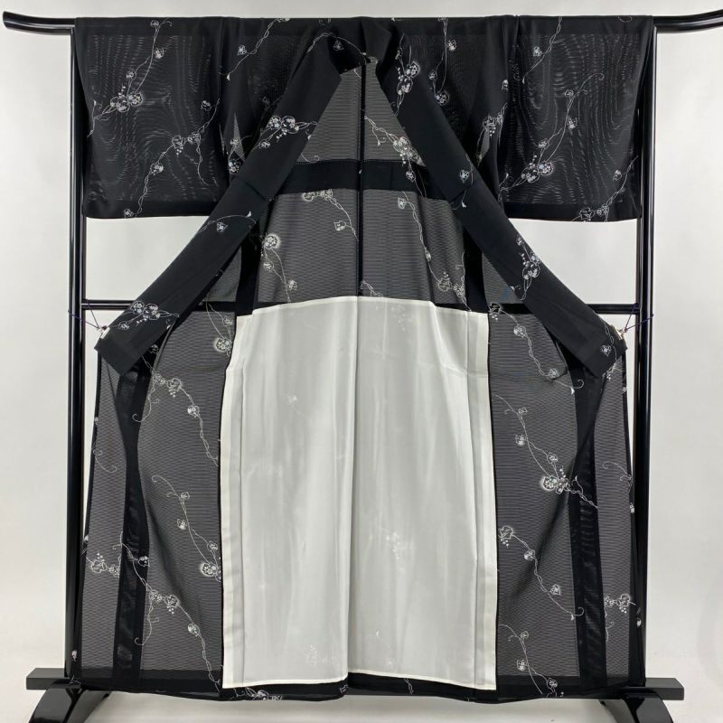 小紋 身丈161.5cm 裄丈65.5cm M 薄物 絽 葉と実 桜 ぼかし 黒