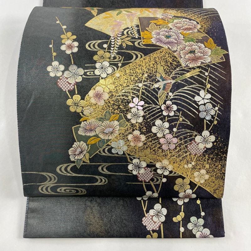 袋帯 秀品 扇面 花鳥 金銀彩 螺鈿 濃紫 お太鼓柄 正絹|中古・古着・リサイクル着物通販|バイセル オンライン