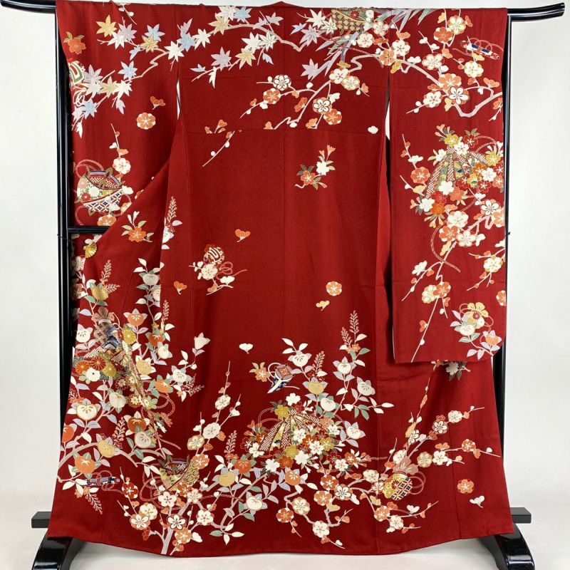 振袖 身丈166cm 裄丈67cm M 袷 笠 草花 金糸 金彩 赤 正絹 美品