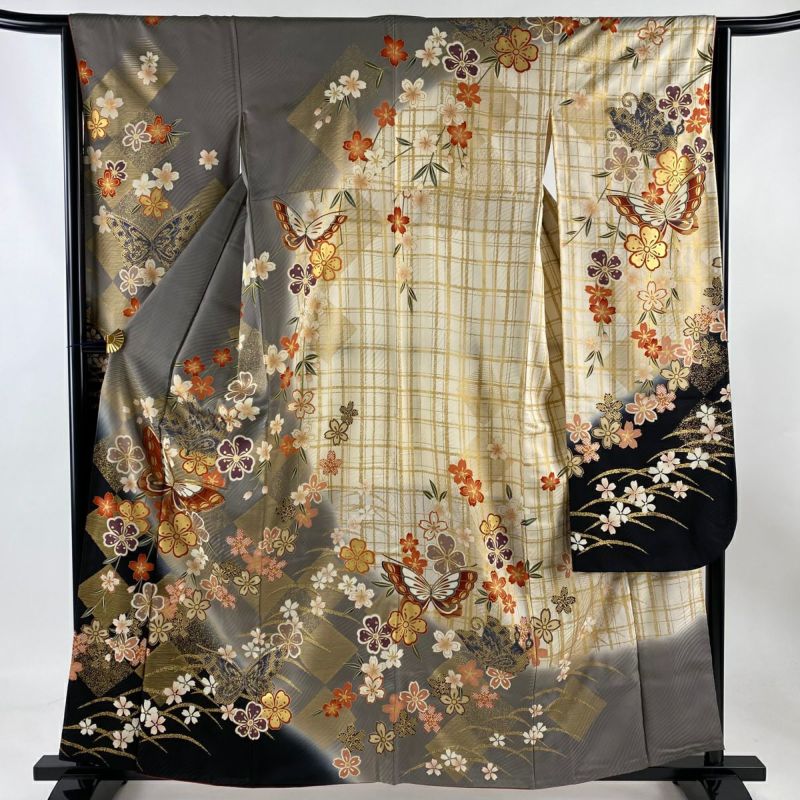 振袖 身丈159cm 裄丈64cm M 袷 蝶 桜 金糸 金彩 灰色 正絹 美品