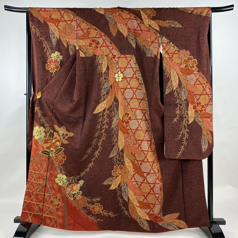 振袖 身丈163.5cm 裄丈66cm M 袷 橘花 桜 金糸 金銀彩 赤紫 正絹