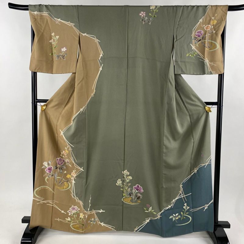 訪問着 身丈164cm 裄丈68.5cm L 袷 帝王紫 落款あり 松竹 草花