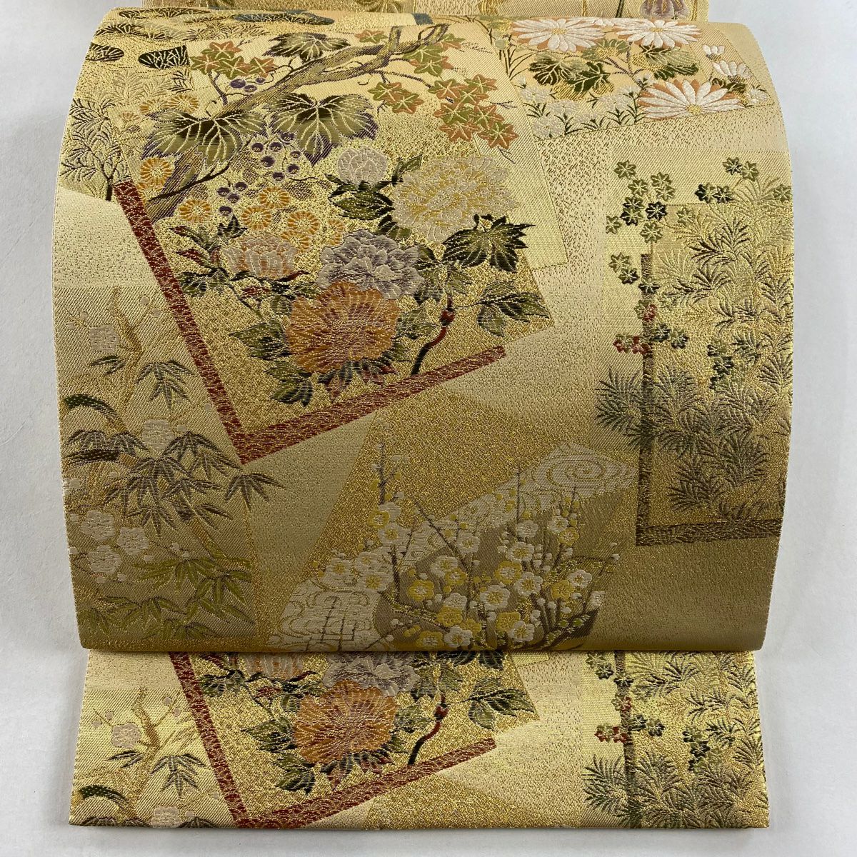 袋帯 美品 秀品 花車 草花 箔 唐織 ベージュ 六通 正絹|中古 袋帯 美品 秀品 花車 草花 箔 唐織 ベージュ 六通 正絹|中古