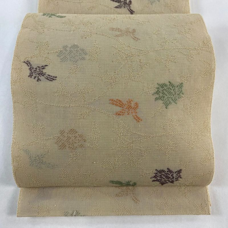 名古屋帯 秀品 夏帯 八寸名古屋帯 草花 薄茶色 正絹｜中古・古着
