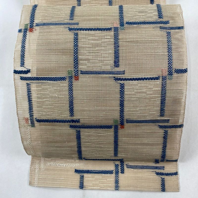 未使用品 開き名古屋帯 紗紬 夏帯 松葉仕立て 青 束ね熨斗 3m59