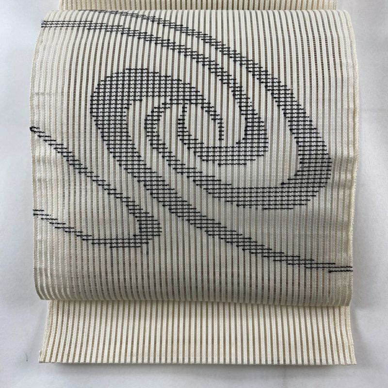 名古屋帯 秀品 夏帯 縦絽 八寸名古屋帯 渦巻き クリーム 正絹