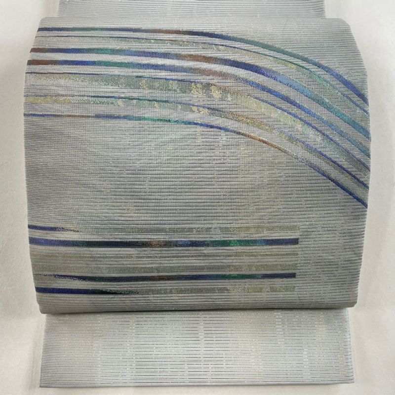 豪華で新しい 袋帯 正絹｜中古 お太鼓柄 灰緑 箔 銀糸 縞 絽 夏帯 秀品 美品 着物・浴衣