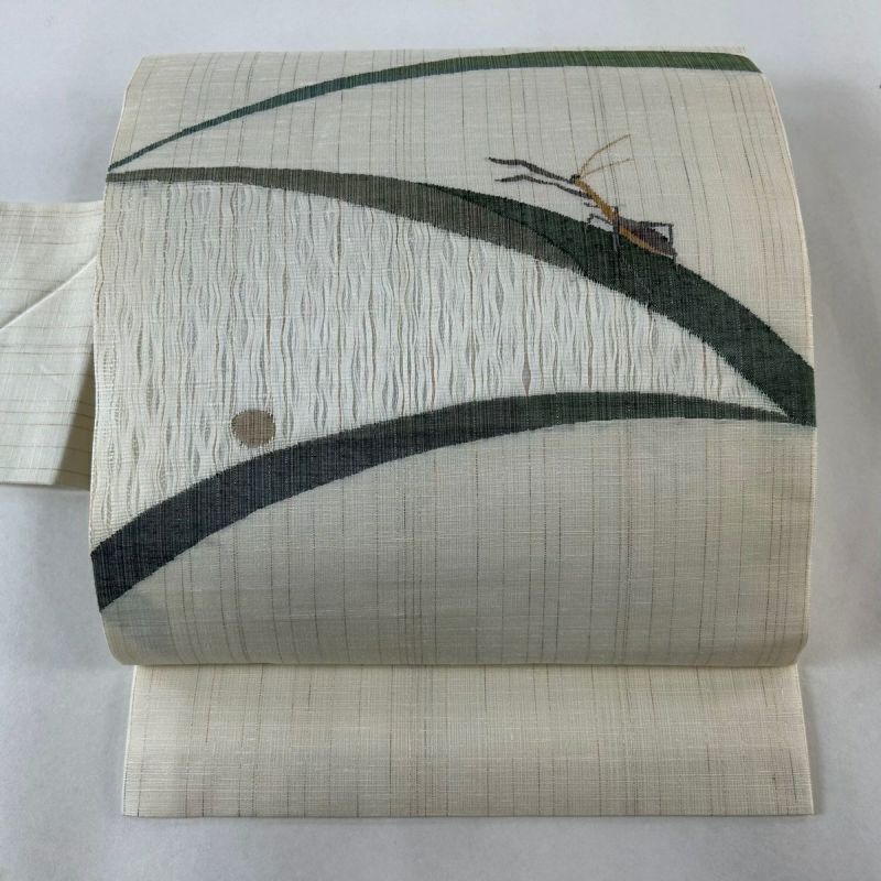 名古屋帯 秀品 落款あり 夏帯 露芝 カマキリ 金銀糸 ベージュ