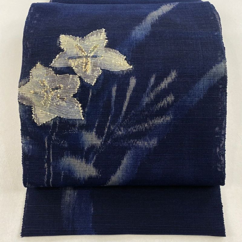 名古屋帯 秀品 夏帯 八寸名古屋帯 紗 桔梗 紺色 正絹｜中古