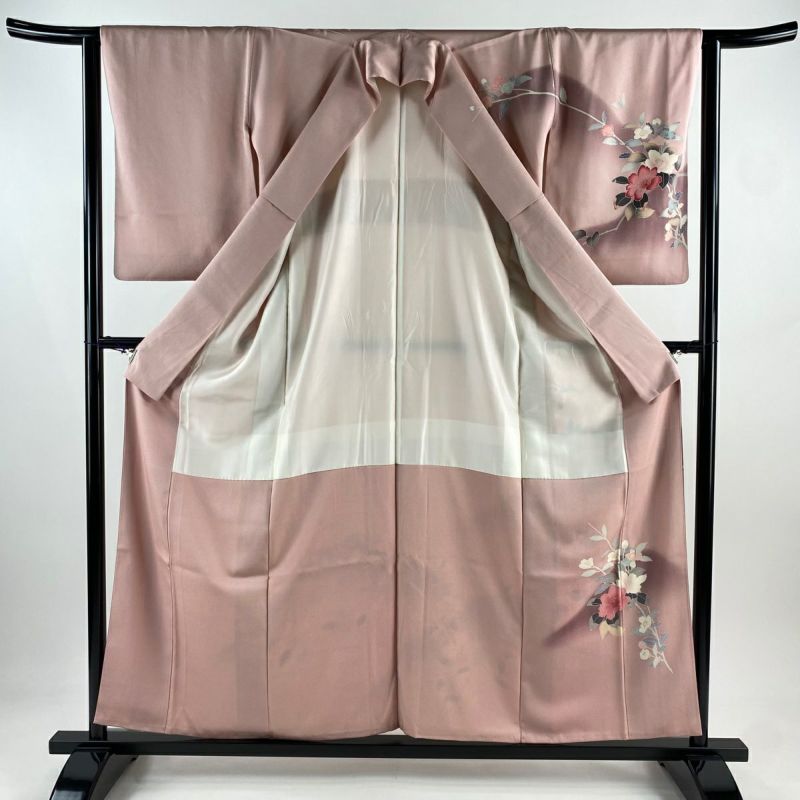 訪問着 身丈157cm 裄丈63cm S 袷 枝花 山 ぼかし ピンク 正絹