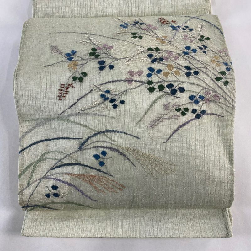 袋名古屋帯 秀品 夏帯 枝花 ススキ 金銀糸 薄緑 正絹｜中古