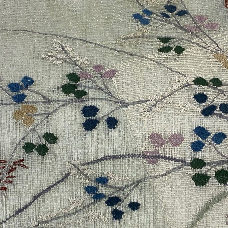袋名古屋帯 秀品 夏帯 枝花 ススキ 金銀糸 薄緑 正絹|中古 袋名古屋帯 秀品 夏帯 枝花 ススキ 金銀糸 薄緑 正絹|中古