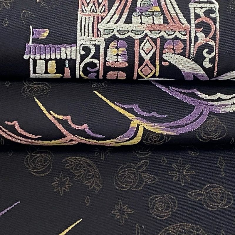 名古屋帯 美品 逸品 城 美女と野獣 金銀糸 箔 黒灰 正絹｜中古