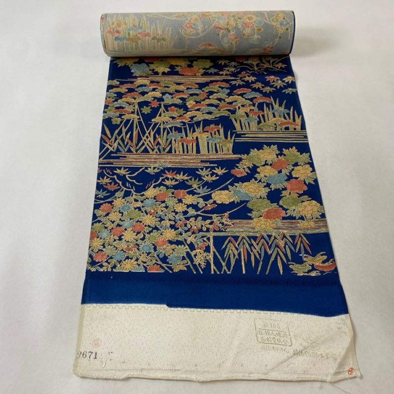 反物 秀品 小紋 松竹梅 牡丹 金彩 青 正絹｜中古・古着