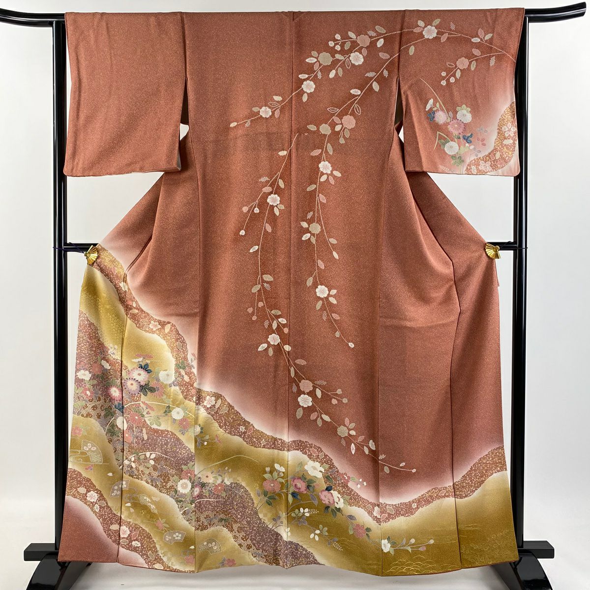 訪問着 身丈166.5cm 裄丈66cm M 袷 やまと 扇面 橘 刺繍 ぼかし