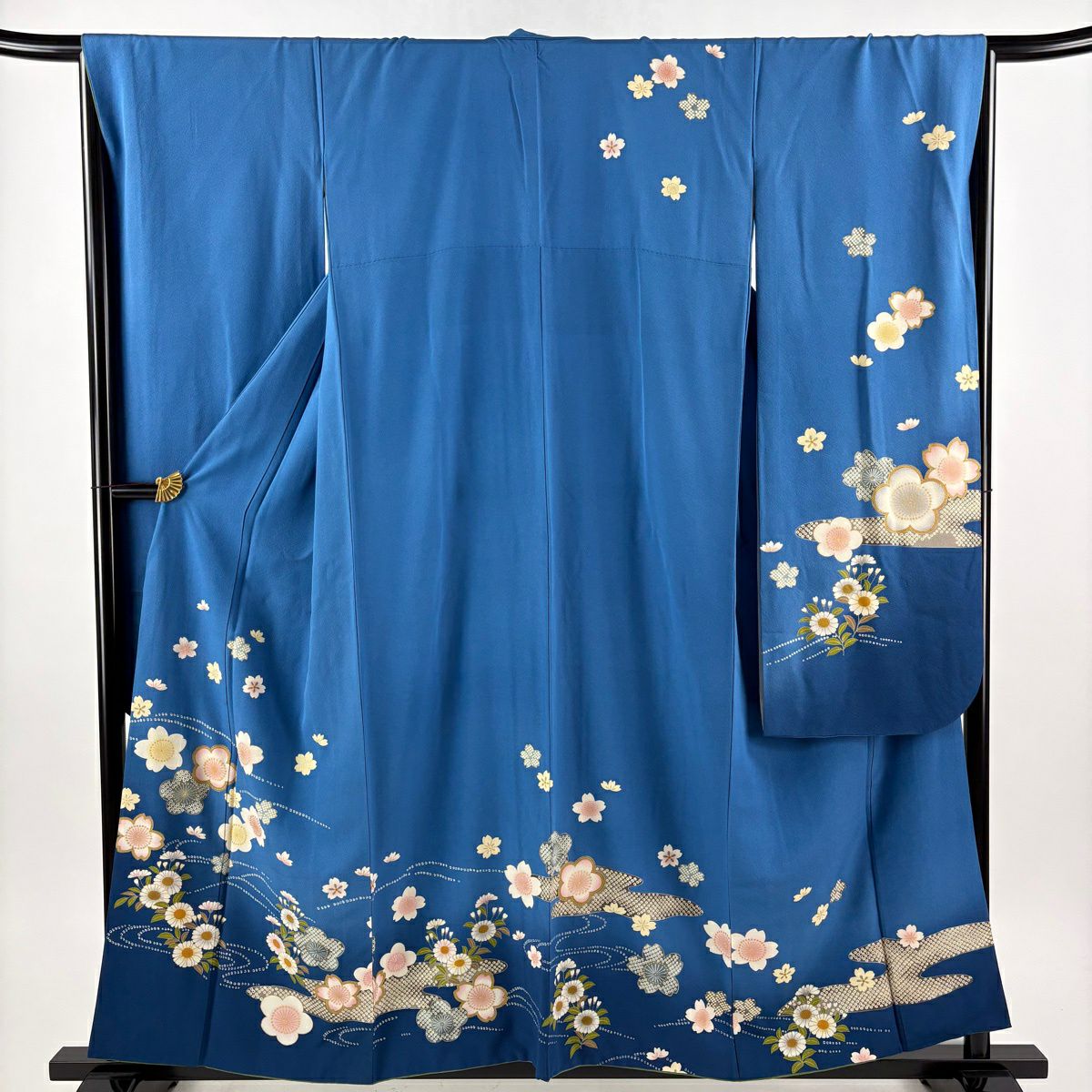 振袖 身丈156.5cm 裄丈67cm M 袷 梅 桜 金彩 ぼかし 青 正絹 秀品