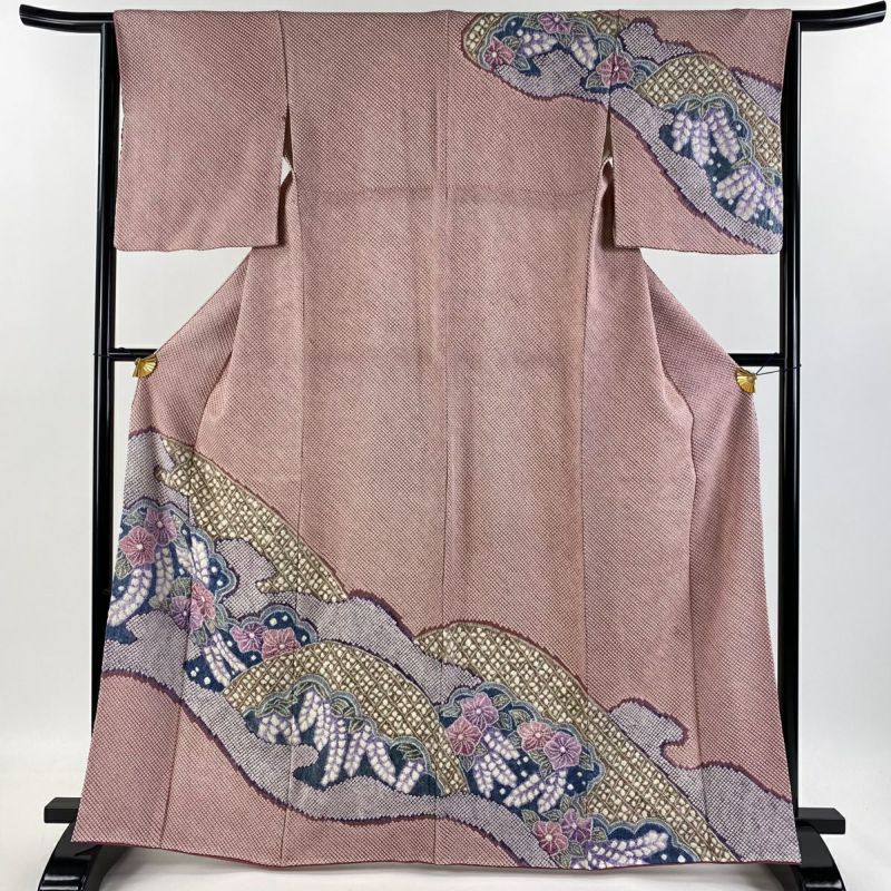 総絞り花柄　高級訪問着　身丈１５８㎝　裄丈６３㎝　オレンジ　緑 訪問着 身丈158cm 裄丈66.5cm M 袷 吉乃一廉 落款あり 辻が花