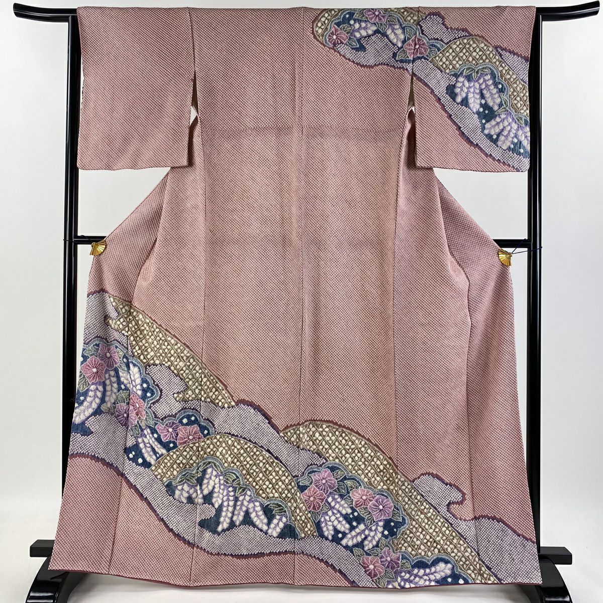 訪問着 身丈157cm 裄丈64cm M 袷 草花 牡丹 金彩 ピンク 正絹 秀