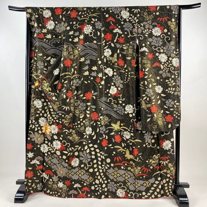【美品】ロング振袖 松竹梅・蝶模様 茶紫×黒 金彩友禅 身丈165cm 振袖 身丈170cm 裄丈66cm M 袷 辻が花柄 松竹梅 金通し 金彩 黒