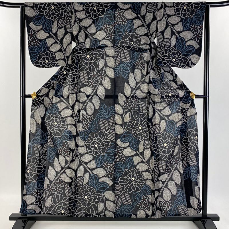 浴衣 身丈156.5cm 裄丈63cm S 絞り浴衣 草花 黒 綿 名品｜中古