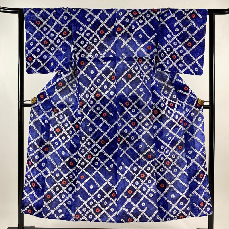 浴衣 身丈150cm 裄丈63.5cm S 絞り浴衣 斜め格子 幾何学模様 紫