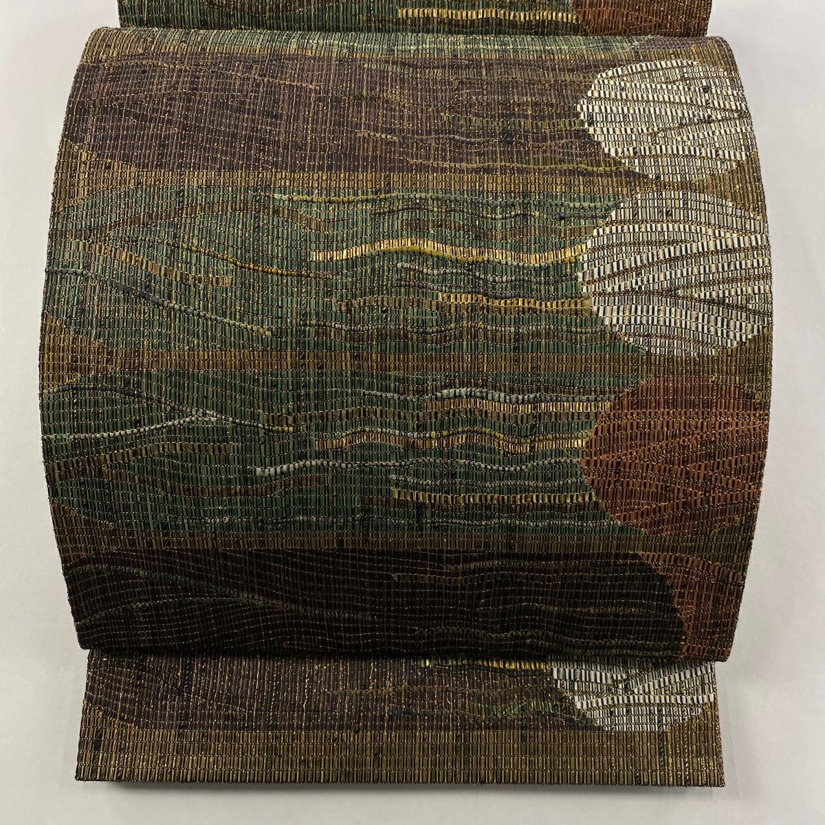 美品】 袋帯 名品 幾何学 金糸 箔 茶色 六通 正絹｜中古・古着