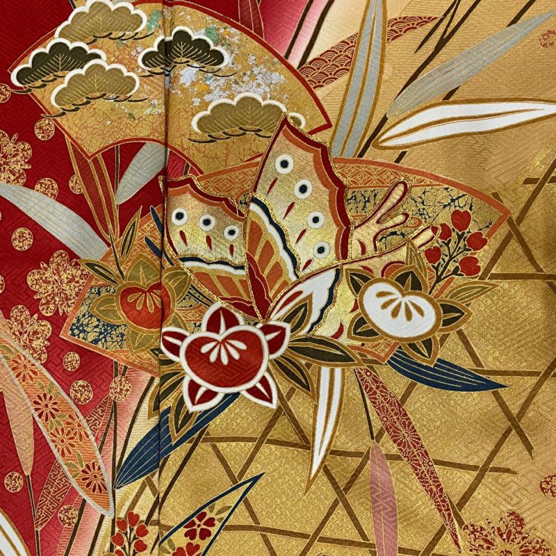 時代物 アンティーク 正絹 振袖 鶴文 蘇州刺繍 金糸 銀糸 身丈