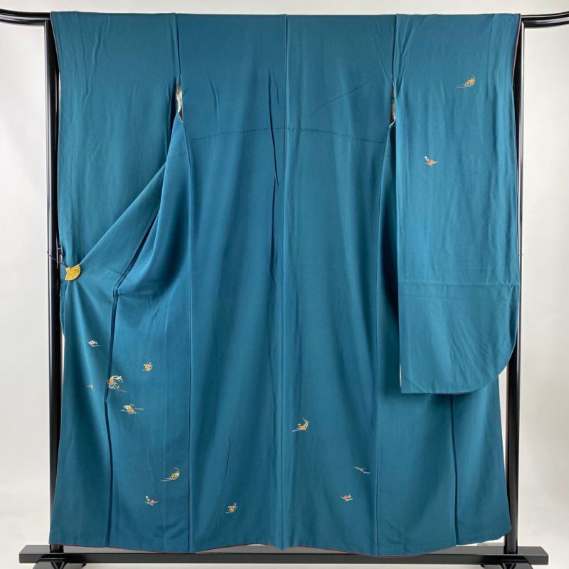未使用品 訪問着 青緑 斑 枝花 鳳凰 金彩加工 身丈157cm 裄丈64m