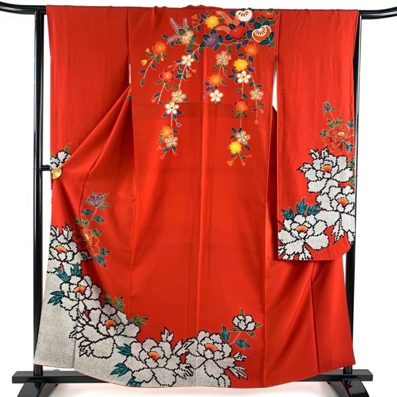 振袖 身丈159cm 裄丈64cm M 袷 牡丹 橘花 赤 正絹 美品 秀品