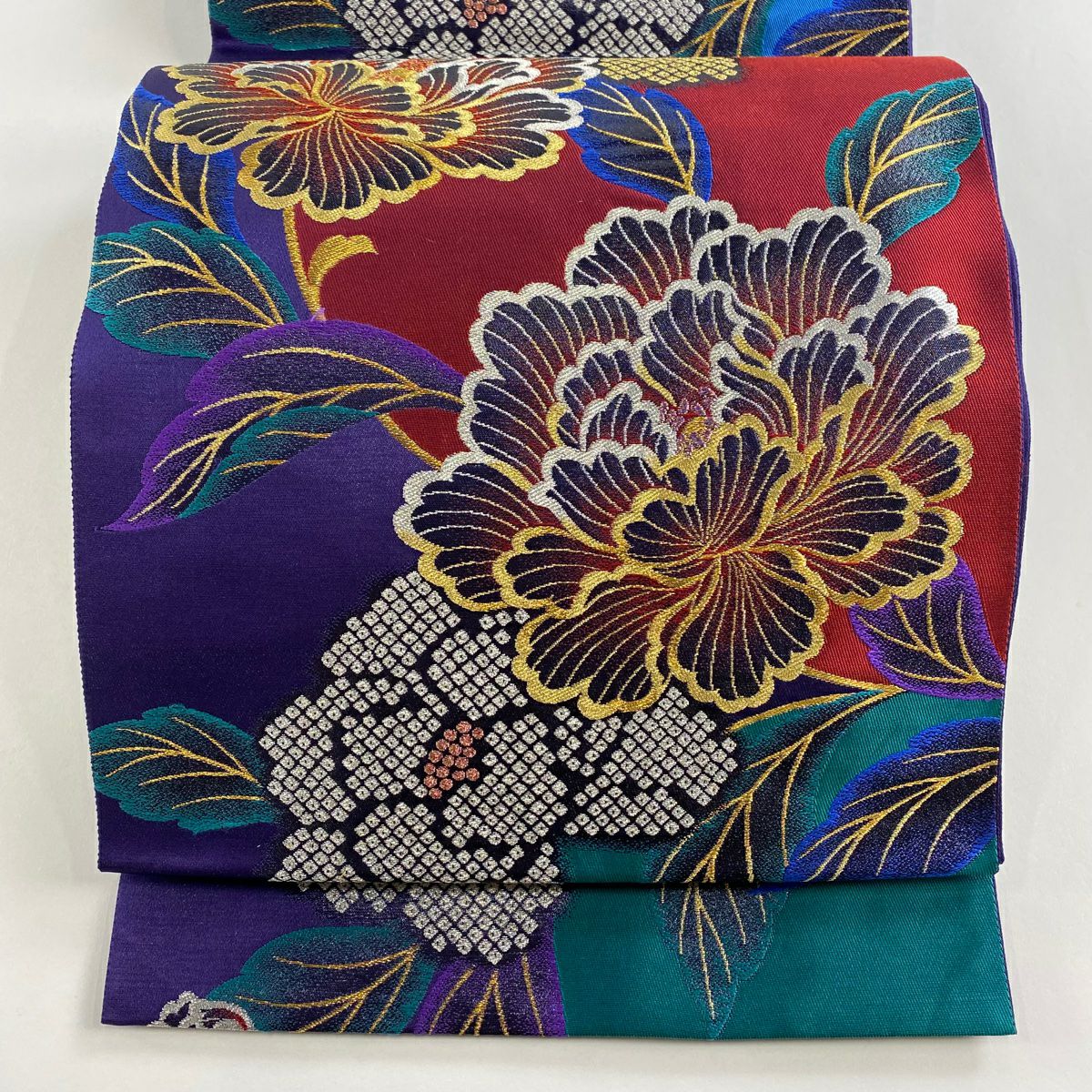 美品】 袋帯 名品 じゅらく 落款あり じゅらく帝王紫 向鶴菱 華文 金糸