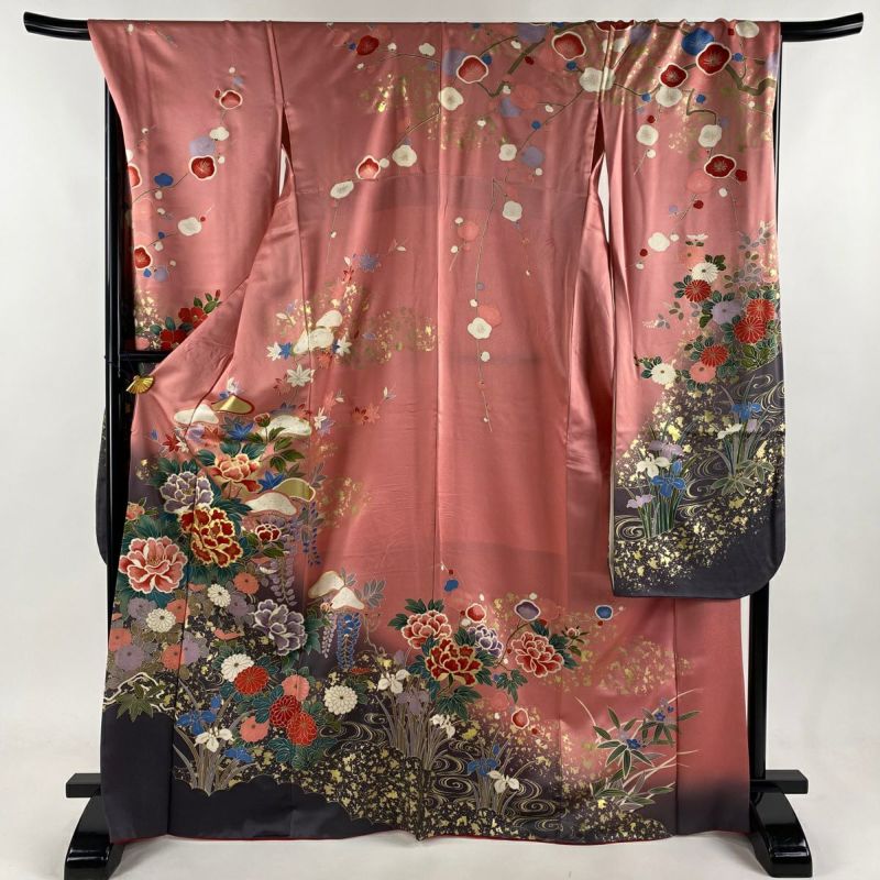 振袖 身丈169.5cm 裄丈69.5cm L 袷 牡丹 菊 金糸 金彩 ピンク