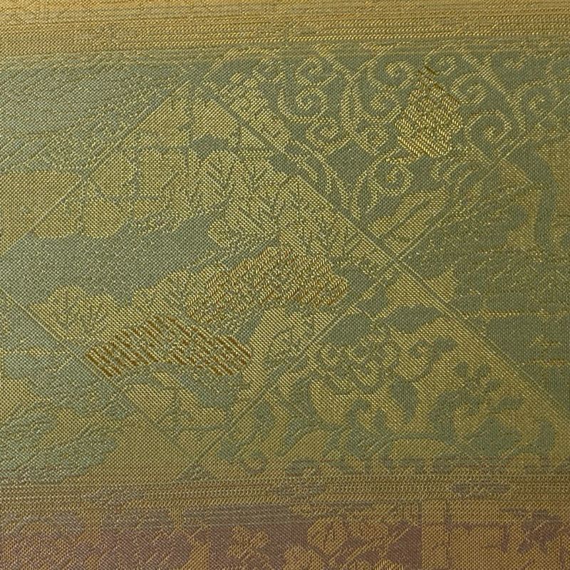 No.1996 正絹草花幾何学金糸袋帯　美品 袋帯 美品 逸品 花唐草 幾何学模様 金糸 相良刺繍 クリーム 六通