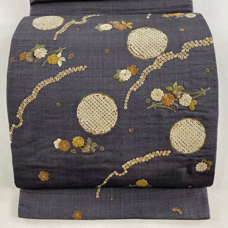 未使用品 袋帯 真綿紬 グレー 刺繍 鳳凰 長さ4m34cm お洒落 正絹 袋帯 スワトウ刺繍 汕頭刺繍 刺繍 手刺繍 西陣織 正絹 銀地 灰色
