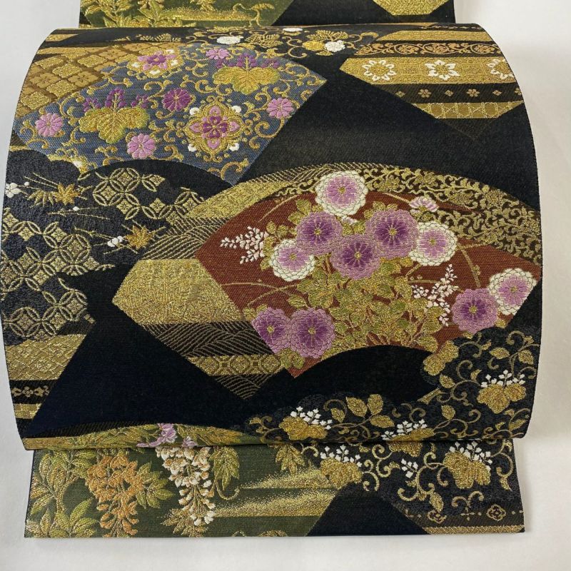 袋帯 お太鼓柄 組織 金糸 黒地 幾何学 逸品 袋帯 秀品 縞 幾何学模様 金糸 濃紫 お太鼓柄 正絹 【中古