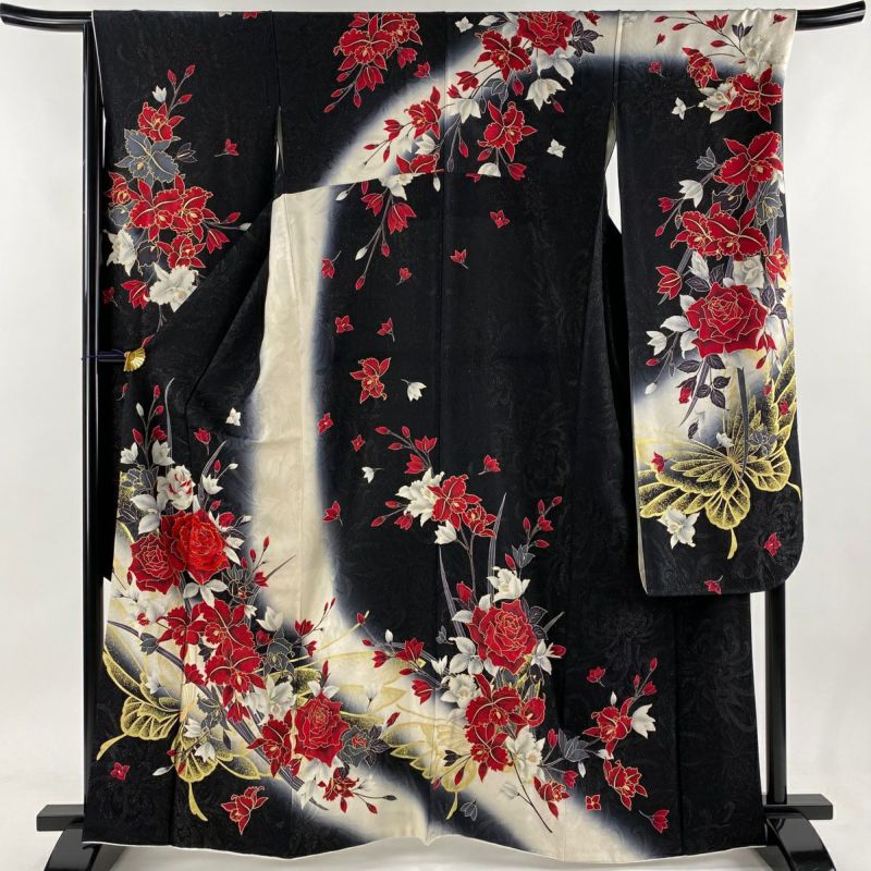 振袖 身丈162.5cm 裄丈68cm L 袷 薔薇 蝶 刺繍 銀通し 黒 正絹