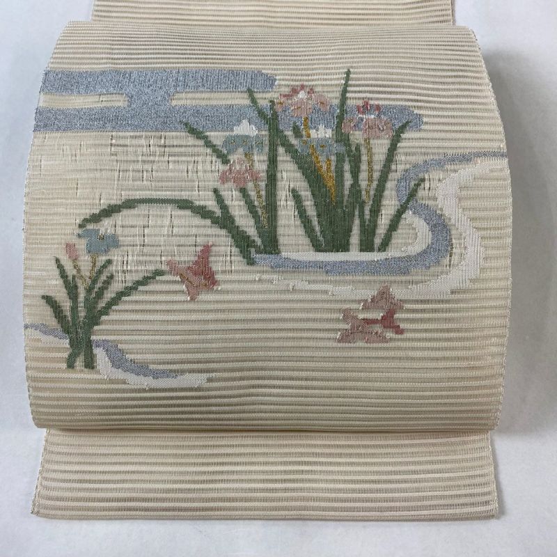 名古屋帯 秀品 絽 夏帯 草花 ヱ霞 箔 ベージュ 正絹｜中古・古着