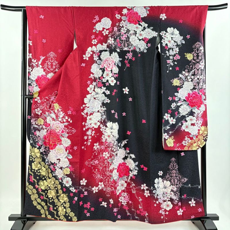 大輪薔薇 赤 振袖 身丈160 振袖 身丈159cm 裄丈66cm M 袷 牡丹 薔薇 銀通し 赤 正絹 逸品
