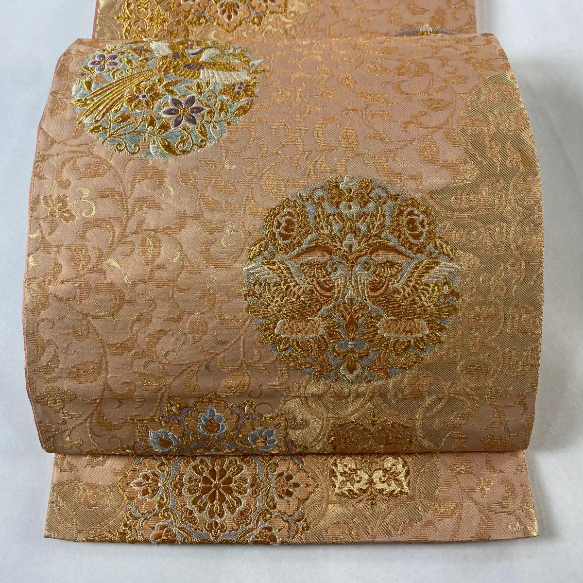 在庫一掃】 袋帯 美品 秀品 市松 向かい鳥 金糸 箔 薄茶色 六通