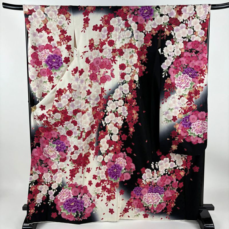 振袖 身丈170cm 裄丈67cm M 袷 桜 牡丹 箔 金彩 クリーム 正絹