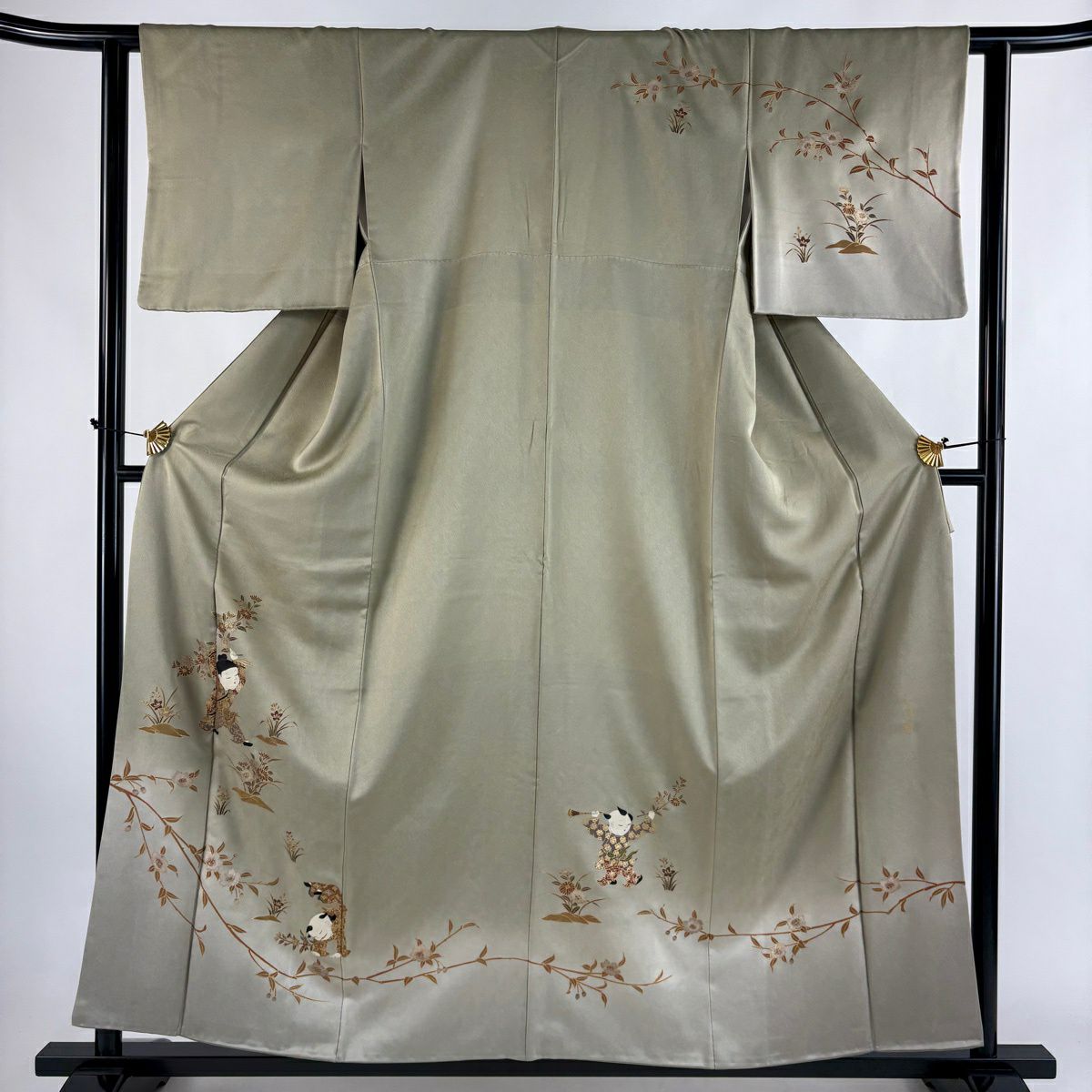 訪問着 身丈158.5cm 裄丈62cm S 袷 落款あり 童 枝花 金彩 ぼかし 灰緑
