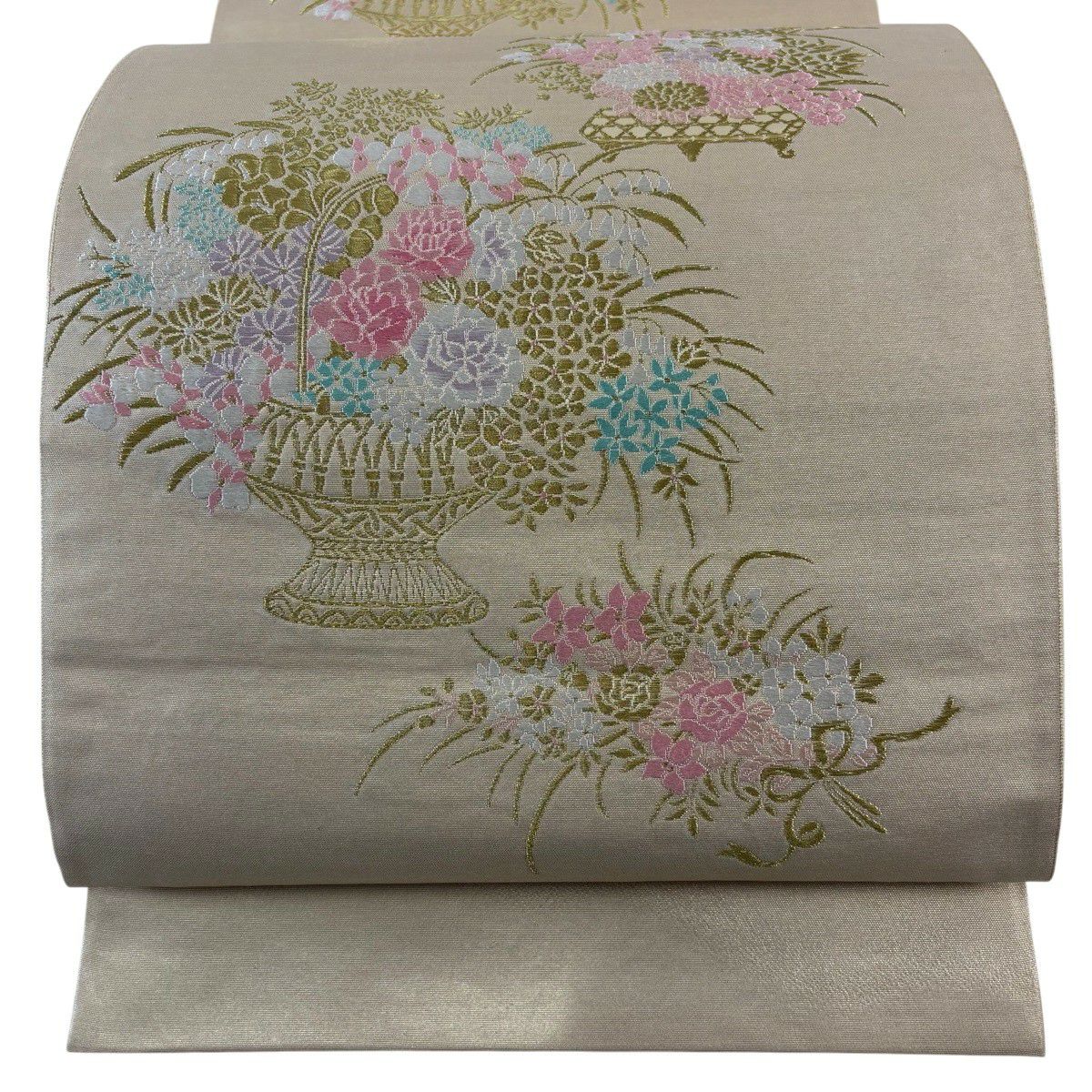 美品】 袋帯 秀品 花籠 金糸 ベージュ お太鼓柄 正絹｜中古・古着